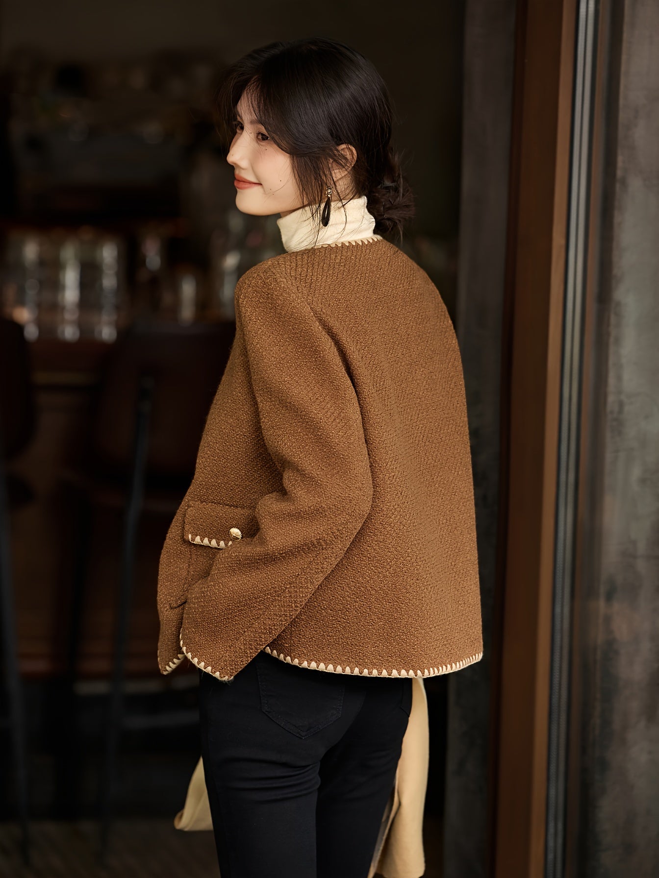 1pc XWI Elegant Polyester Knit Cardigan - Women'S Color Block Long Sleeve Casual Jacket with Contrast Binding, Single Breasted Placket, Non-Stretch Fabric for Fall\u002FWinter Outings