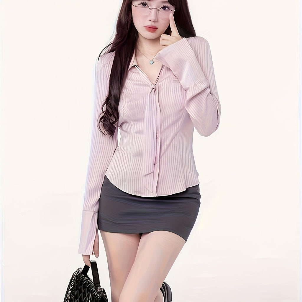 Sweet Trendy Polo Shirt Sweet and Trendy Pink College Style Polo Shirt for Women | 2025 Spring\u002FAutumn Collection, Letter Stripe Embroidery Long Sleeve, Pure Desire Loose Cardigan, Unique Design Versatile Top