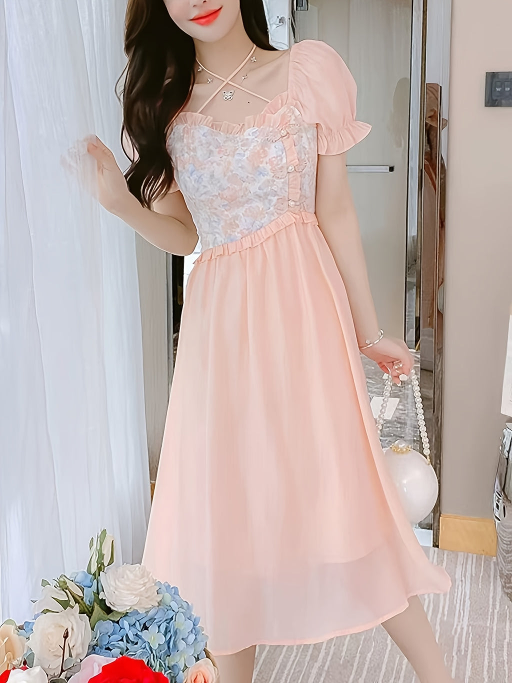 Elegant Floral Dress Elegant Floral Women's Party Dress | Pastel Pink Floral Print, Flared Mid-Length Formal & Casual Outfit for Bridesmaids, Garden Parties, Wedding Guest - Chic Ruffled Sleeves Dress