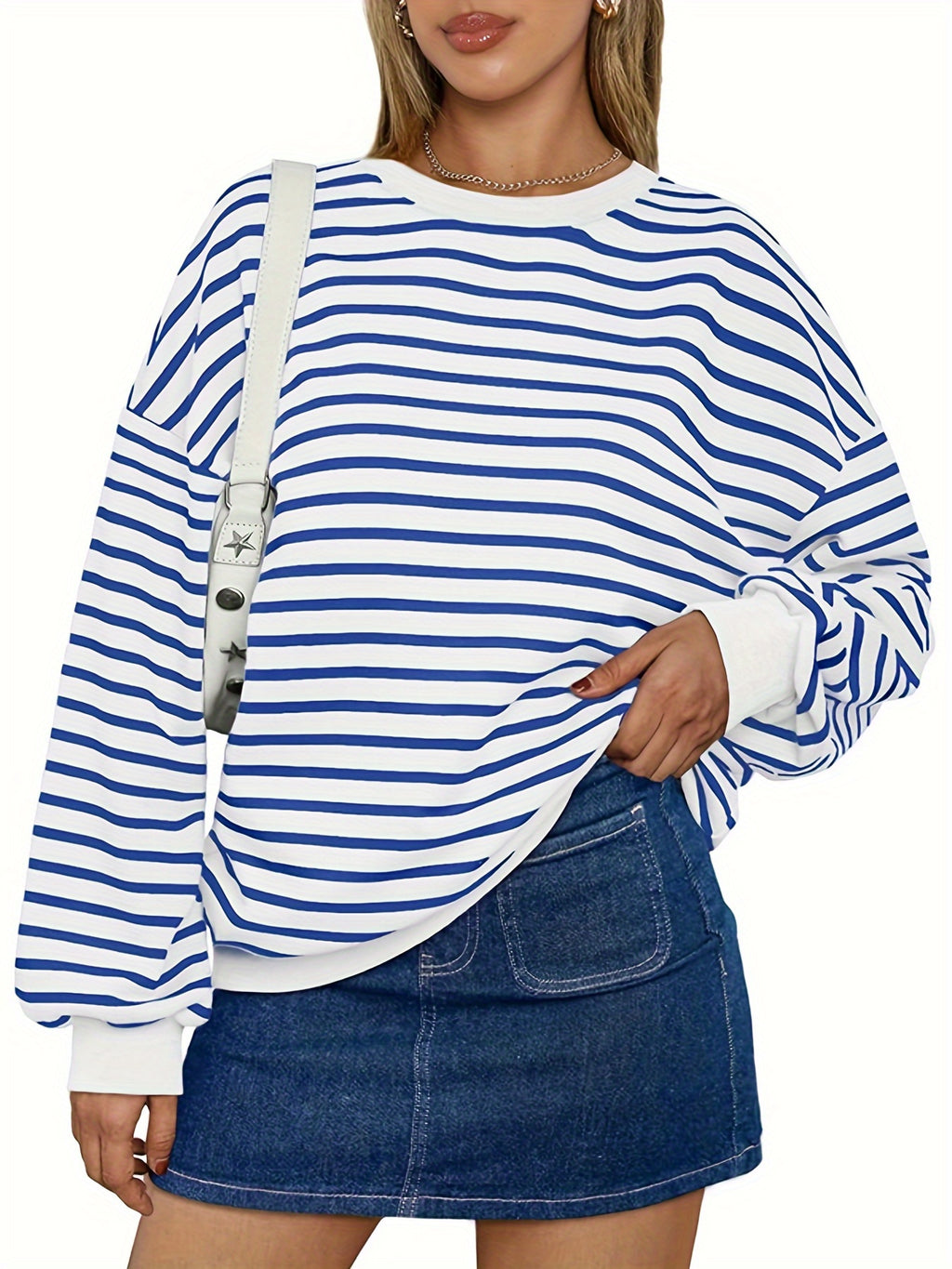 Casual Pullover Top for Women Featuring a Striped Oversized Design, Long Sleeves, And a Crewneck Hoodie, Inspired by Y2K Fashion.