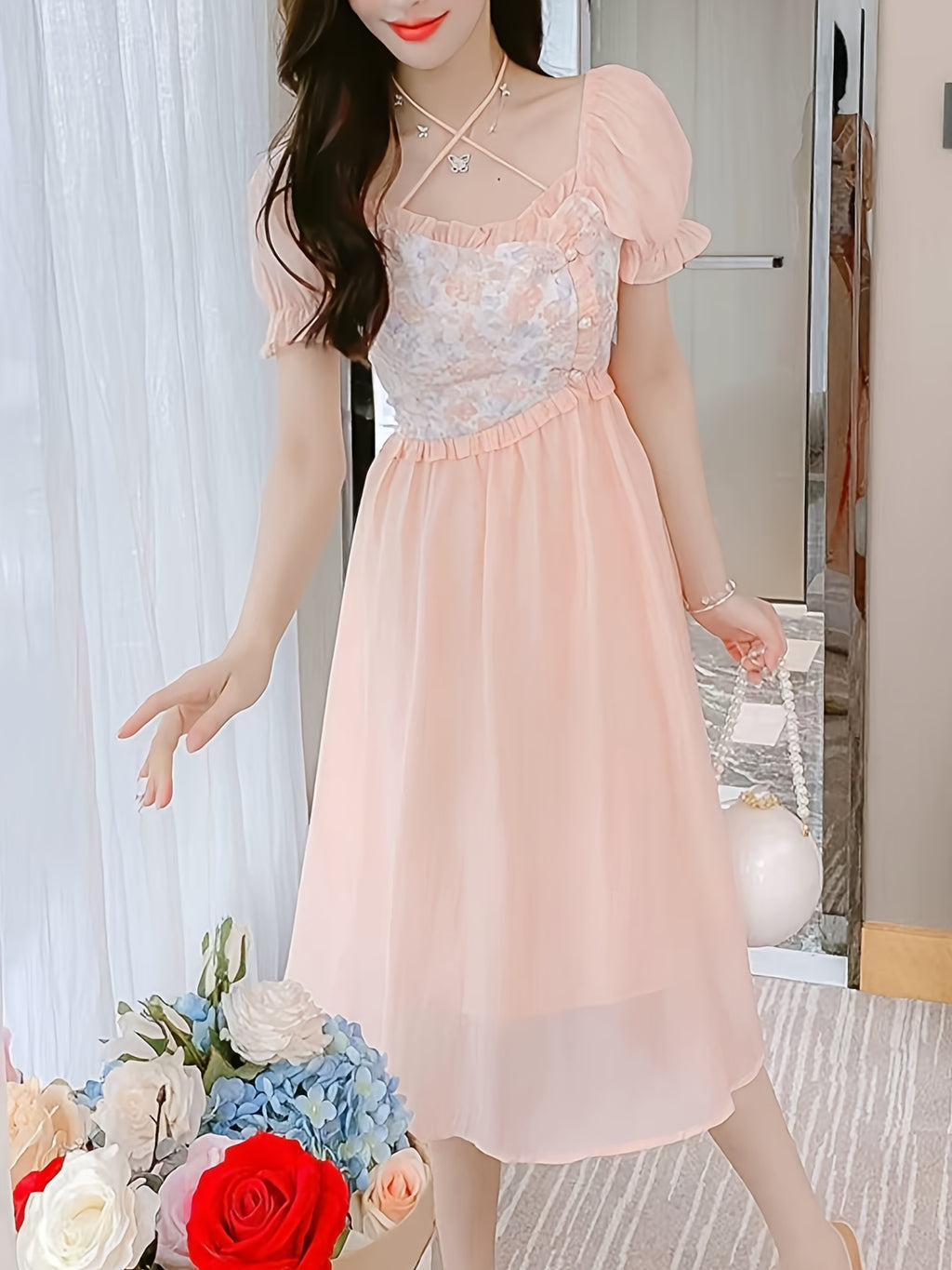 Elegant Floral Dress Elegant Floral Women's Party Dress | Pastel Pink Floral Print, Flared Mid-Length Formal & Casual Outfit for Bridesmaids, Garden Parties, Wedding Guest - Chic Ruffled Sleeves Dress