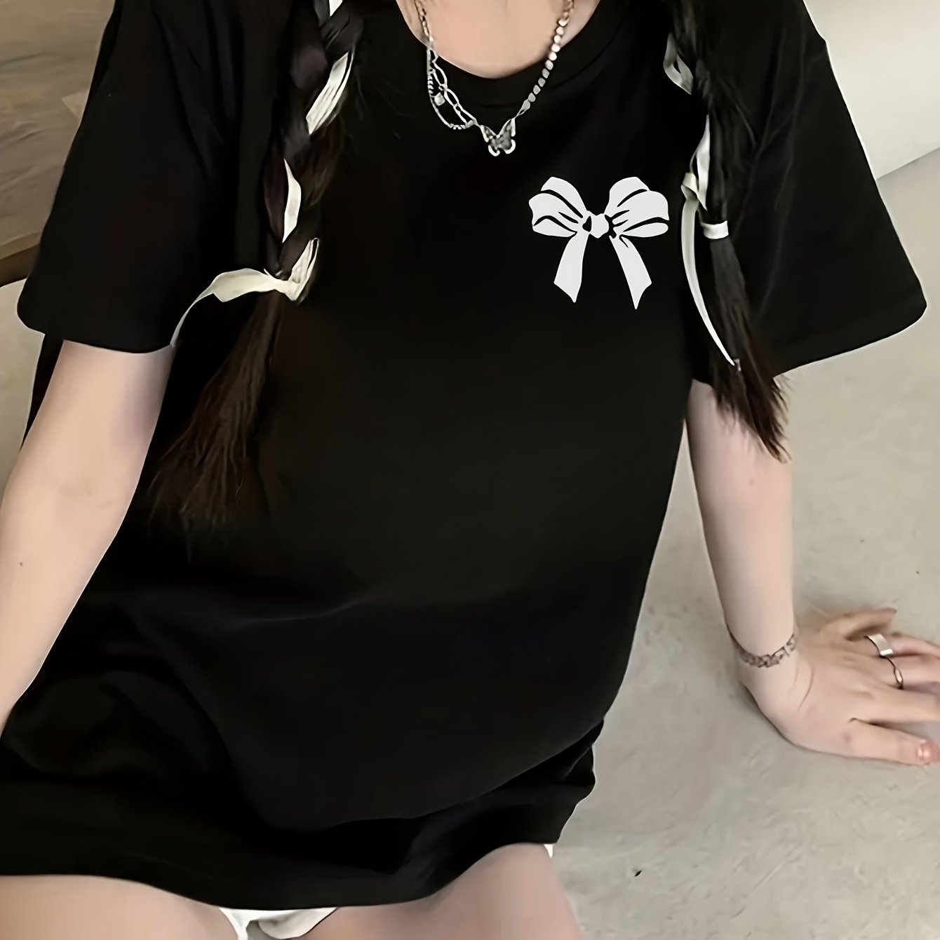 Women'S Plus Size Short Sleeve T-Shirt - Casual Korean Style, Loose Fit, Solid Color Tee with Bow Detail, Perfect for Spring\u002FSummer\u002FFall, Everyday Tshirt | Bowknot Detailing | Medium Stretch Fabric