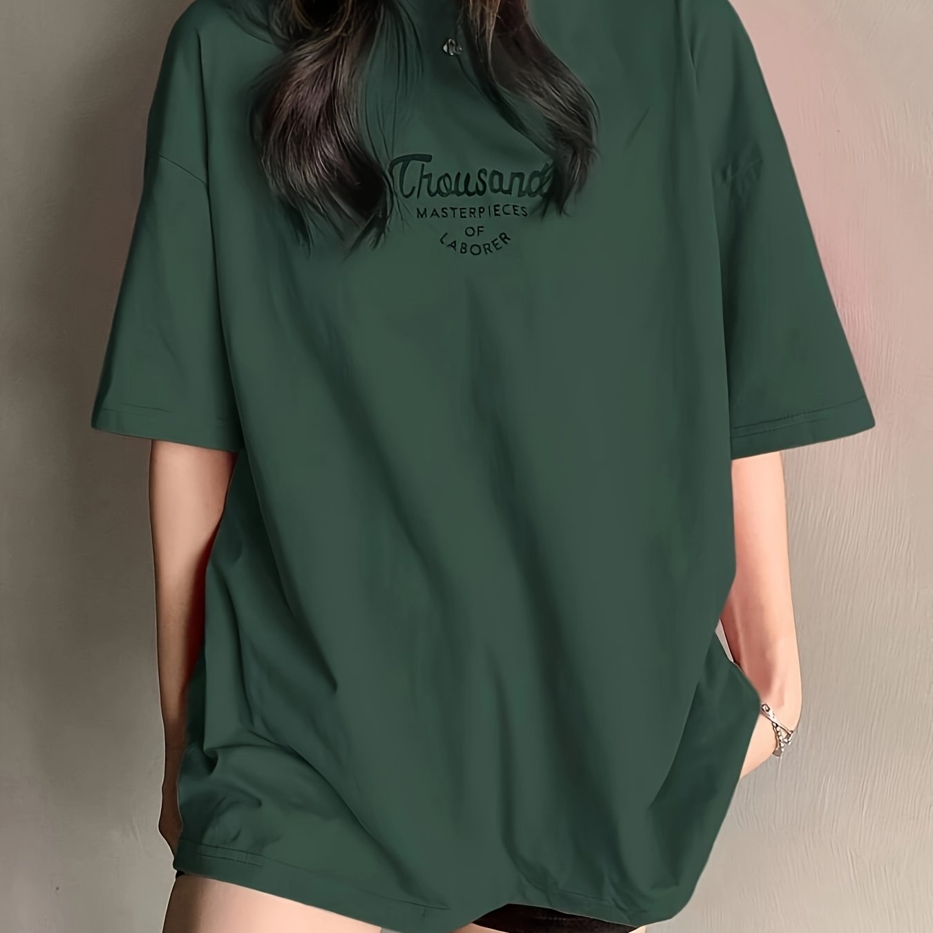 Plus Size - Women'S Casual Oversized T-Shirt - Short Sleeve, Round Neck, Stretchy Polyester Blend, Loose Fit, Green with \