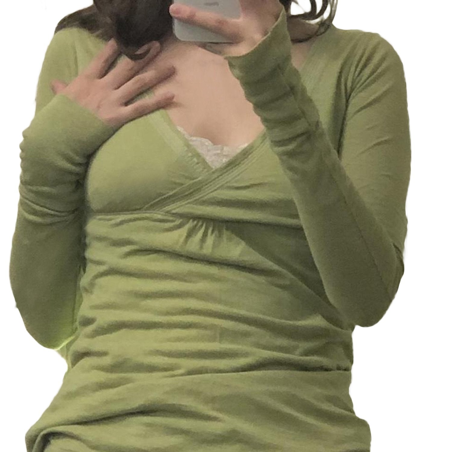 Women'S Slim Fit Long Sleeve V-Neck Top - Solid Color Light Pink, Ruched Detail, Casual Streetwear Style, Perfect for Spring\u002FFall, Casual Wear|Ruched Detail Top|Sleek Fit Top