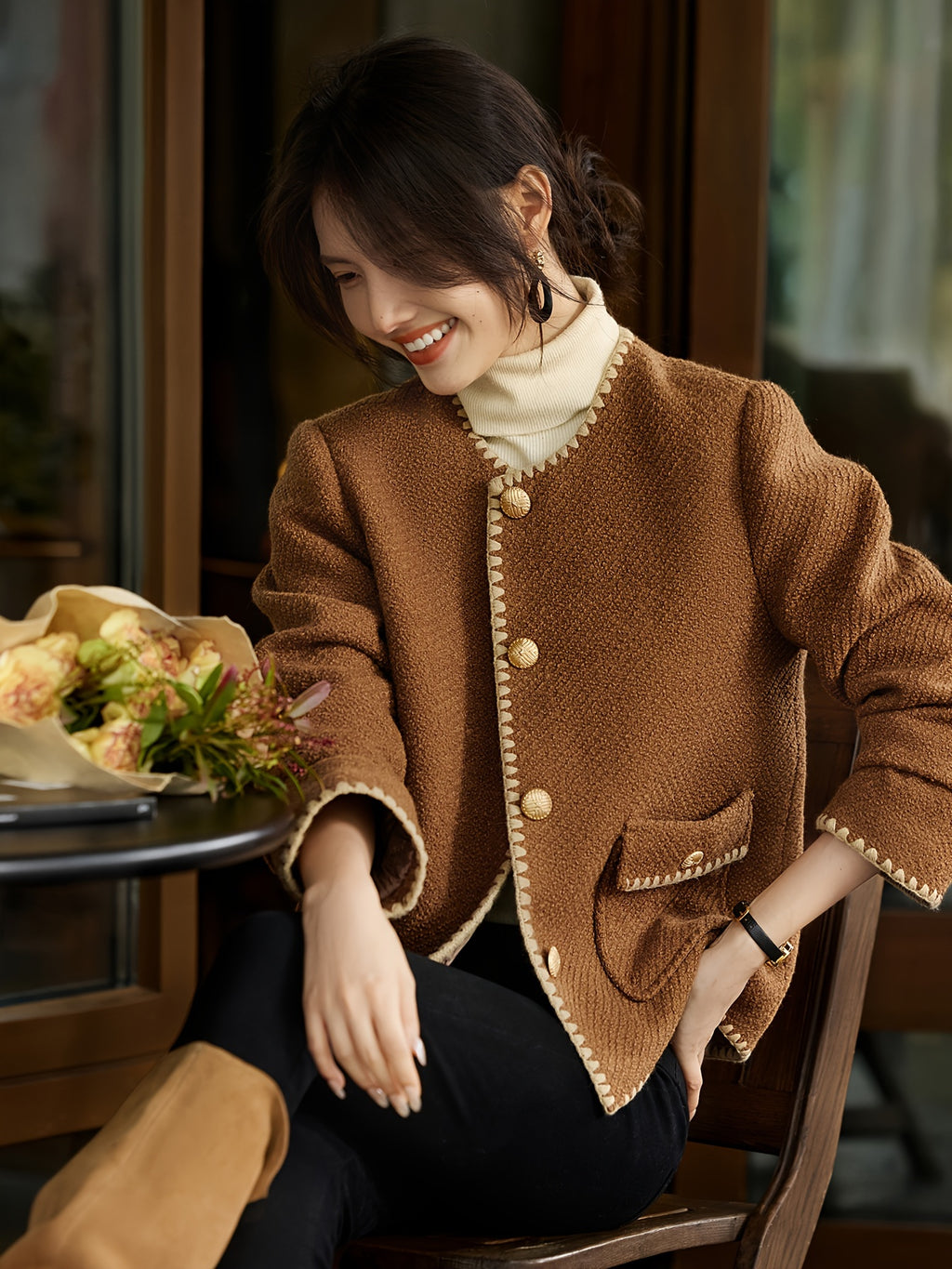 1pc XWI Elegant Polyester Knit Cardigan - Women'S Color Block Long Sleeve Casual Jacket with Contrast Binding, Single Breasted Placket, Non-Stretch Fabric for Fall\u002FWinter Outings