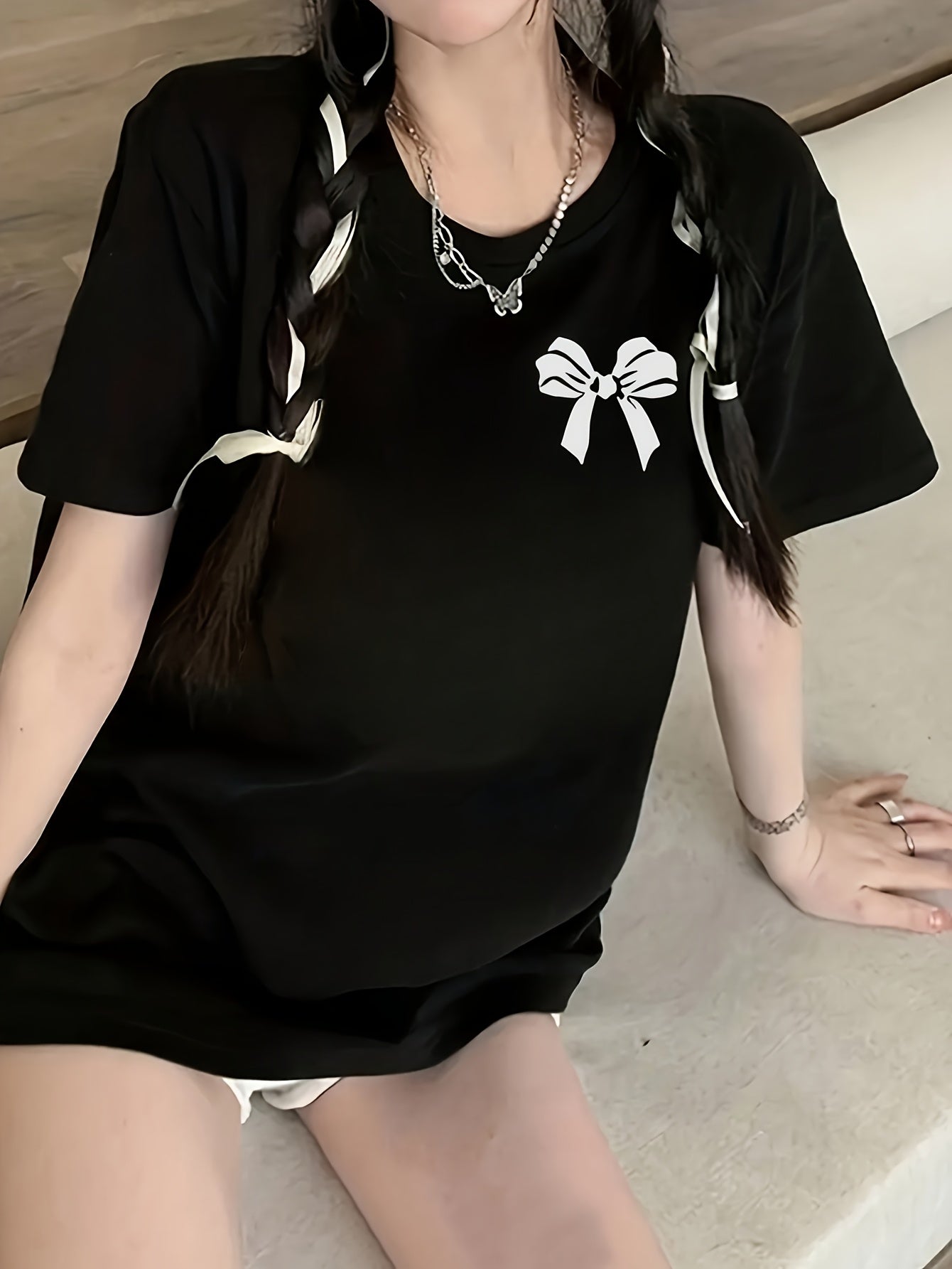 Women'S Plus Size Short Sleeve T-Shirt - Casual Korean Style, Loose Fit, Solid Color Tee with Bow Detail, Perfect for Spring\u002FSummer\u002FFall, Everyday Tshirt | Bowknot Detailing | Medium Stretch Fabric